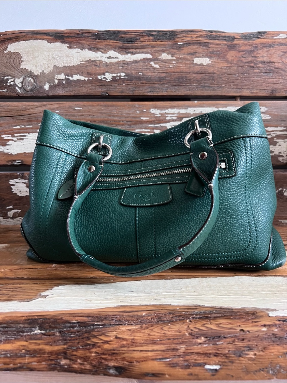 Coach Pebbled Leather Dark Green Shoulder Tote